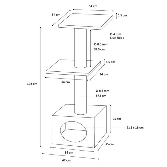 Kradsetræ til katte 103 cm med hule og to platforme