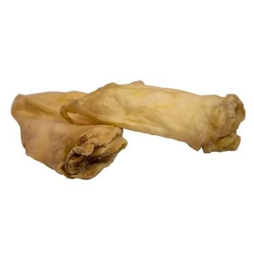To tørrede gedeører med brunlig farve og uregelmæssig form, der viser deres naturlige oprindelse.