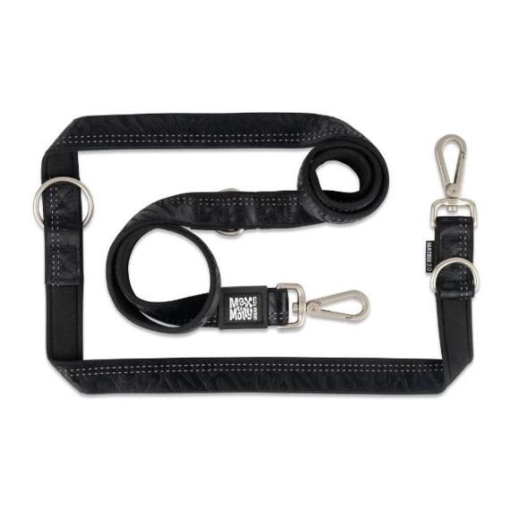 Sort hundesnor med metalhager, D-ringe og reflekssyninger for justerbar længde og synlighed.