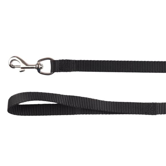 Sort træningsline med metal karabinhage og loop-håndtag. Fladt design, 15 meter x 20 mm.
