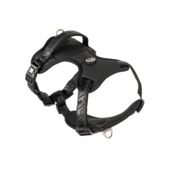 Sort hundesele med polstring, justerbare stropper og reflekterende syninger for synlighed.