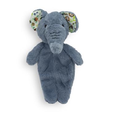 Plyslegetøj formet som en blågrå elefant med mønstrede ører, fladt krop. 35 cm lang.