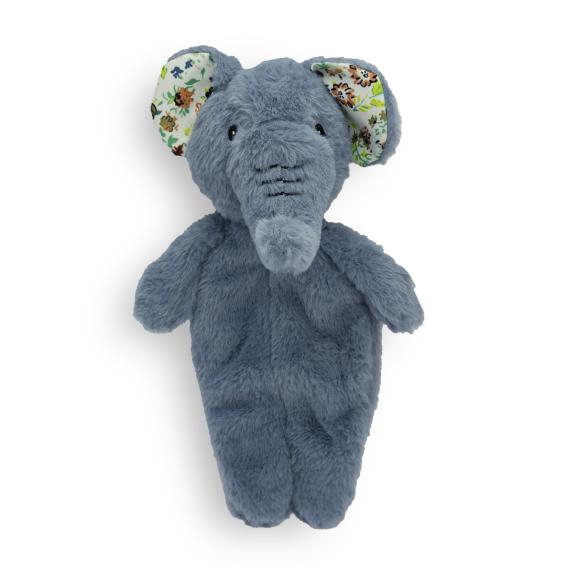Plyslegetøj formet som en blågrå elefant med mønstrede ører, fladt krop. 35 cm lang.