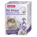 Beaphar No Stress diffuser til katte, viser kat og diffuser på blomsterbaggrund.