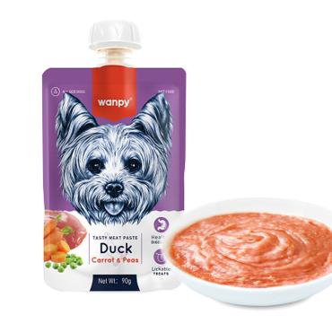 Wanpy kødpaté til hunde med and, gulerod og ærter, 90g. Pakke og skål med paté vises.