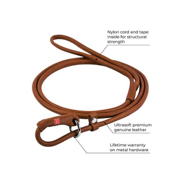 Rundsyet retrieverline i læder, brun – 135 cm/6 mm